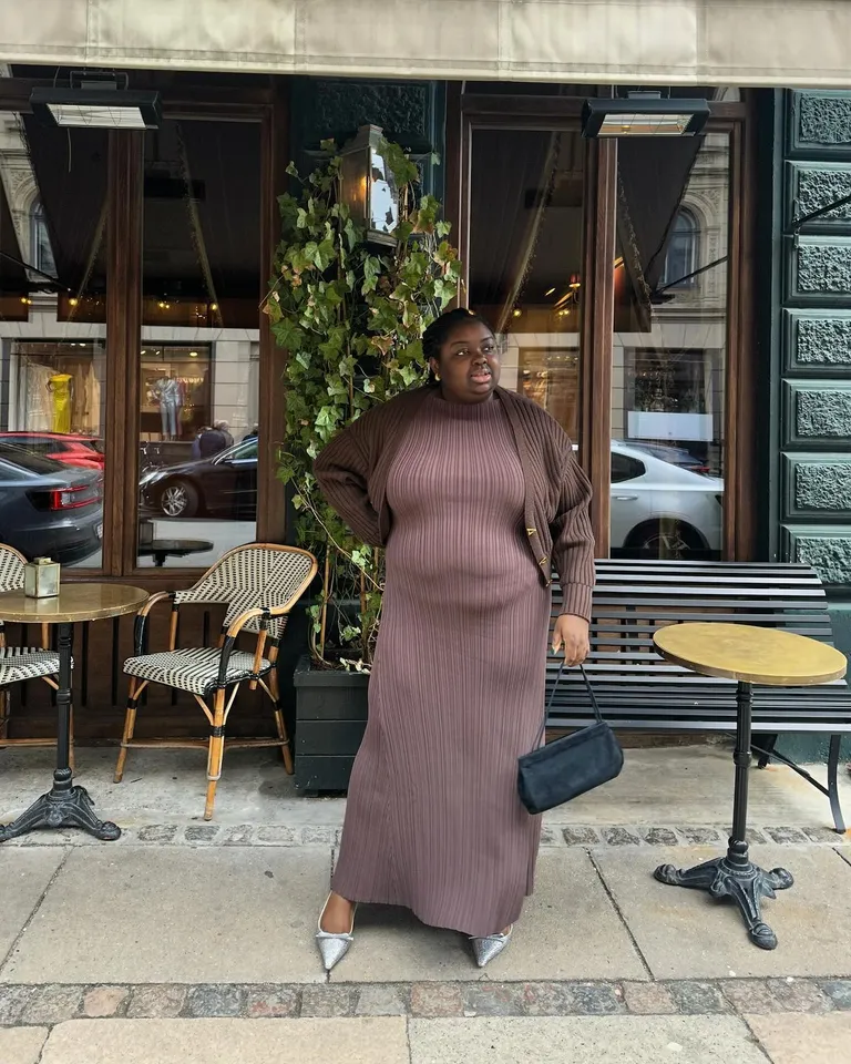 Knit Maxi Dress + Cardigan + Shoulder Bag
