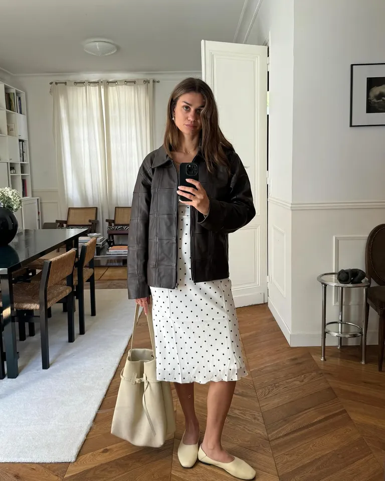 Midi Dress + Leather Jacket + Ballet Flats